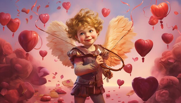 Depiction of cupid aiming his arrow surrounded by a flurry of hearts and ribbons valentines day