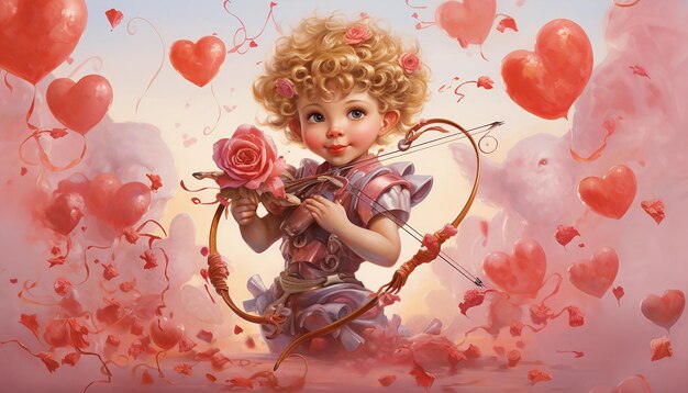 Photo depiction of cupid aiming his arrow surrounded by a flurry of hearts and ribbons valentines day