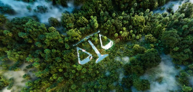 Foto rappresentazione della giustizia e delle politiche ambientali scala simbolo lago in mezzo alla rigogliosa foresta pluviale 3d rende