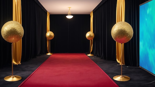Изображение выразительной и уникальной красной ковровой дорожки с золотым декором AI Generative