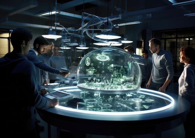 A depiction of a hightech science lab where AI assists in complex experiments showing a diverse gr