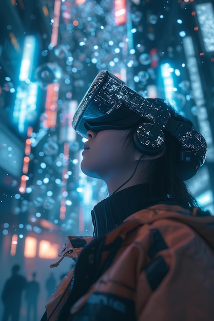 A depiction of an immersive visual experience where virtual reality and augmented reality converge to create a new dimension Created Using VR immersion depth AR detail enhancemen AI Generative