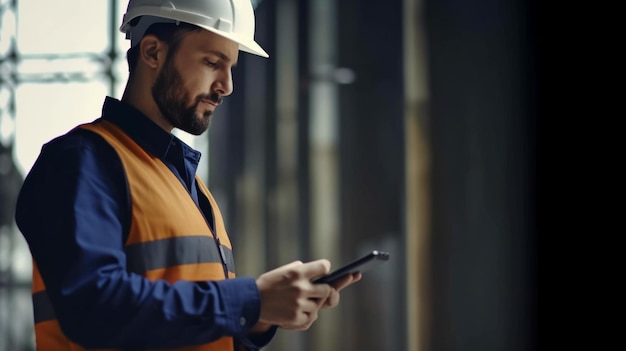 A depiction of an industrial man engineer with a smartphone in a plant Generative AI