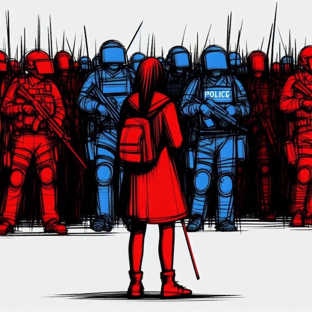 Photo depiction of a lone demonstrator confronting a row of riot officers