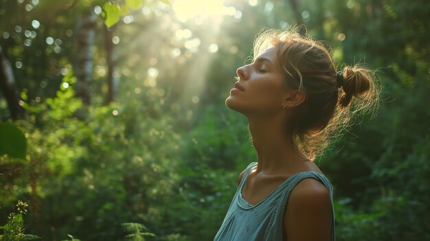 A depiction of a placid woman in a lush woodland enjoying the fresh air space Generative AI