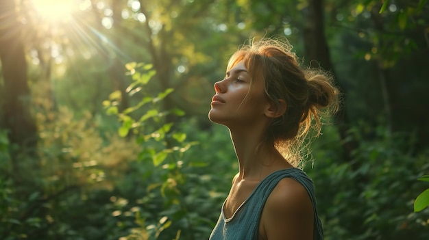 A depiction of a placid woman in a lush woodland enjoying the fresh air space Generative AI