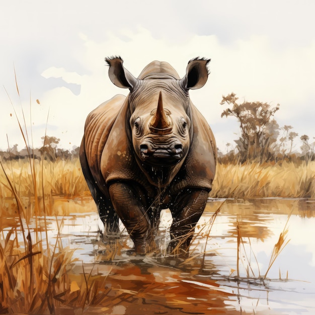 A depiction of a rhinoceros in its natural habitat Rhinoceros in the wild AI generated