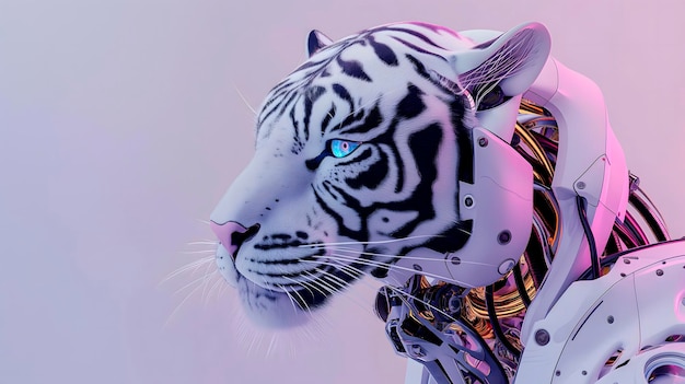 depiction of robotic entity adorned with head albino tigerpink neon light blending attributes of artificial intelligence with regal aura of animal kingdom perfect for innovative design concepts