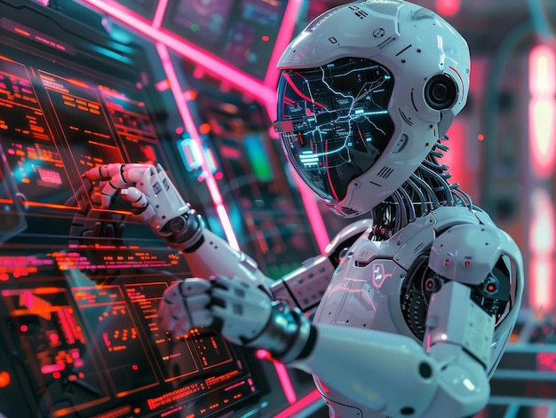 Depiction of a robotics engineer programming AI algorithms into a ...