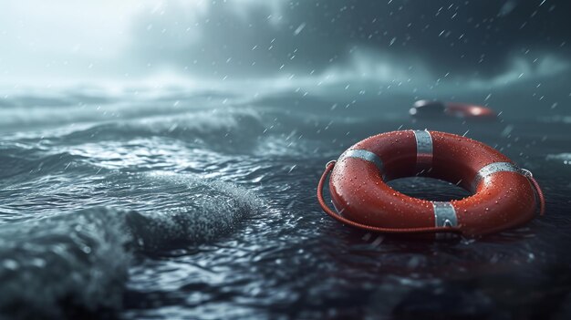 Photo a depiction of a robust lifebuoy in the foreground symbolizing survival and support during hurricane and flood losses with a blurred background of storm devastation the focus is ai generative