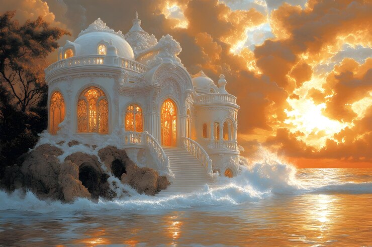 Photo a depiction of a sand house built precariously on a rocky foundation inspired by the parable in matthew
