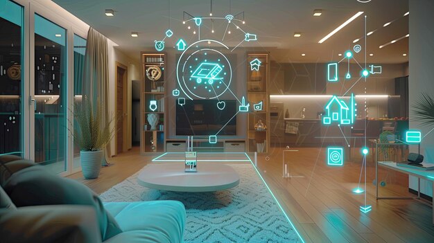a depiction of a smart home system with interconnected devices featuring seamless and advanced technology integration