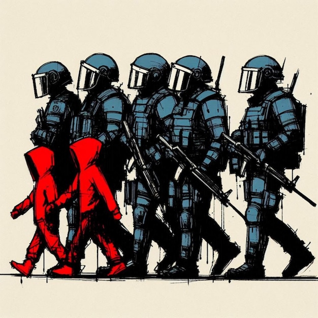 Depiction of a team of soldiers in uniform one of them in red attire