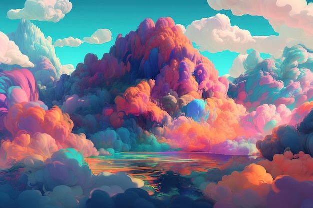 a depiction of variously colored clouds floating over a pool of water