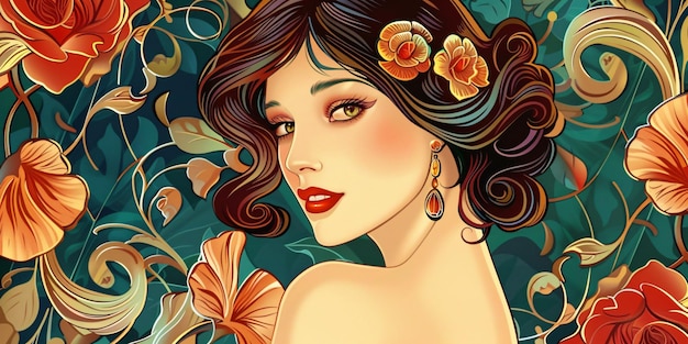 Photo a depiction of a woman in a traditional art nouveau fashion