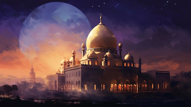 Depicts a beautiful Islamic mosque with a focus on architectural details rendered in an impression