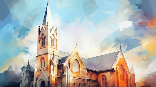 Depicts a church focusing on architectural details rendered in impressionism style copy space