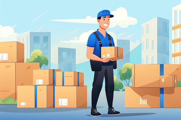 depicts a diligent parcel delivery worker Show them with a uniform carrying a stack of packages Generated with AI