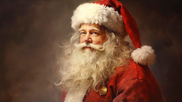 Depicts Santa Claus focusing on facial details rendered in impressionism style copy space