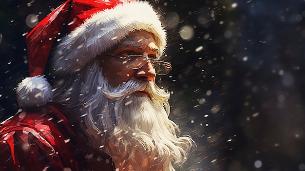 Depicts Santa Claus focusing on facial details rendered in impressionism style copy space