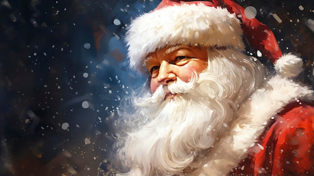 Depicts Santa Claus focusing on facial details rendered in impressionism style copy space