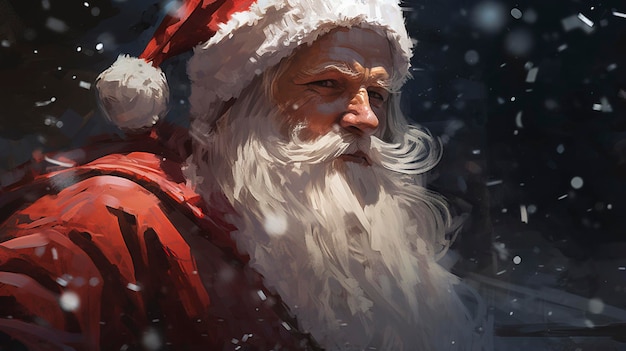 Изображает Санта-Клауса, фокусирующегося на деталях лица, выполненных в копировальном пространстве в стиле импрессионизма.
