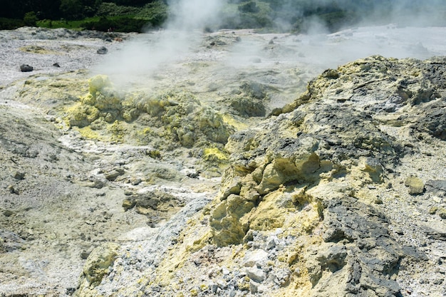 メンデレーエフ火山の斜面にある噴気場における自然硫黄の堆積物