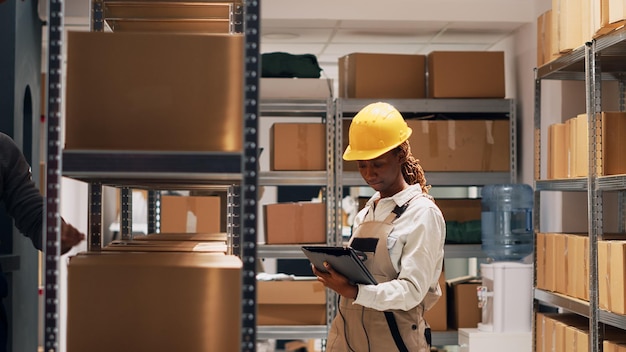 Depot employee pointing scanner at cardboard boxes