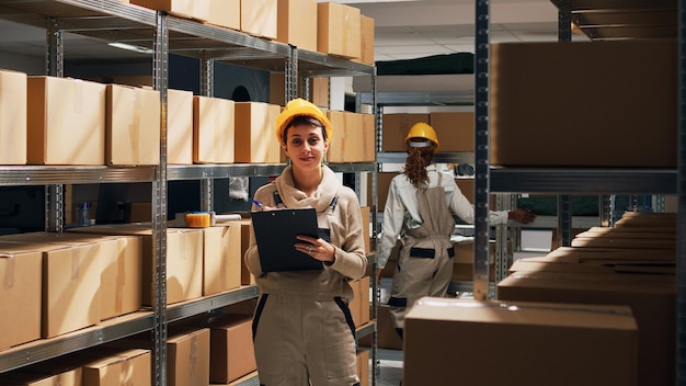 Depotmedewerker controleert voorraad koopwaar op rekken in magazijnruimte, kijkt naar leveringsdozen op planken. Vrouw die in het magazijn werkt en bestanden gebruikt voor inventarisatie vóór distributie.