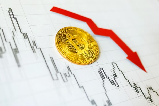 Depreciation of virtual money bitcoin Red arrow and golden Bitcoin on paper forex chart index rating go down on exchange market background Concept of depreciation of cryptocurrency