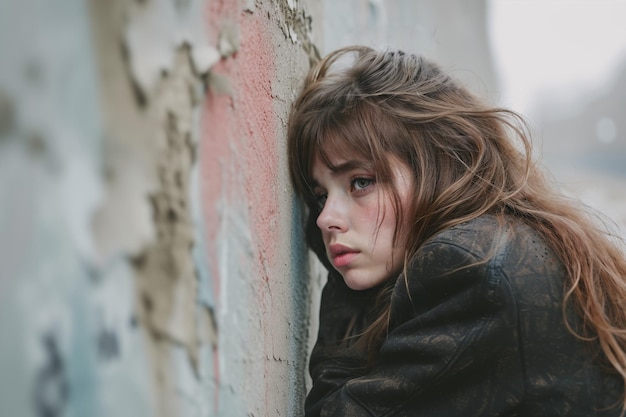 Depressed 15 years old Caucausian teenager girl sad and unhappy leaning against a dirty shabby wall Teenagers depression danger