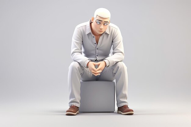 白い背景の上に座っている憂鬱な3D男