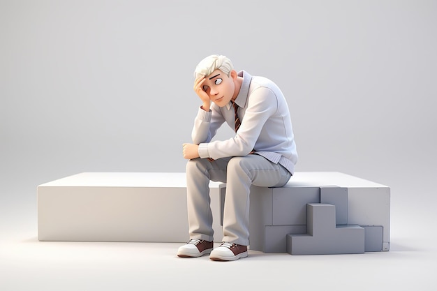 Photo depressed 3d man sitting over white background