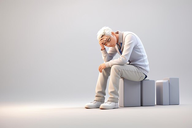 Photo depressed 3d man sitting over white background