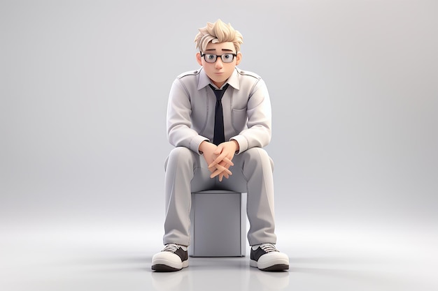 Photo depressed 3d man sitting over white background