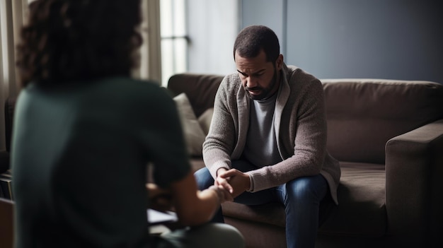 Depressed adult male gets support psychologist from female counselor at home