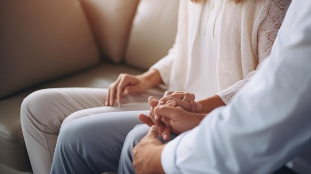 Photo depressed adult male gets support psychologist from female counselor at home