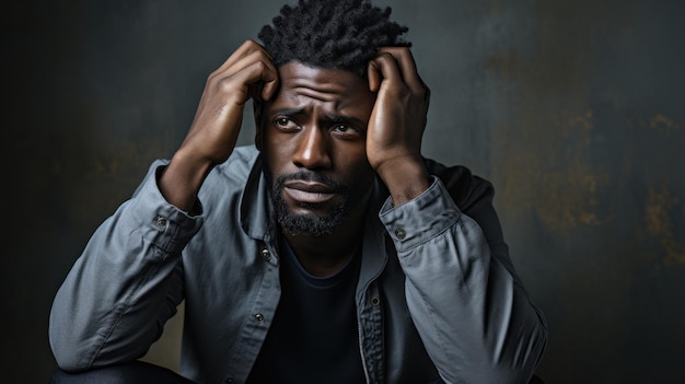 Depressed african american man sitting on a dark grunge background