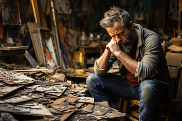 Depressed artist in unkempt workshop visibly grappling with emotional turmoil