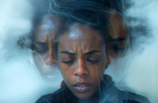 Photo depressed black woman with anxiety and mental disorders