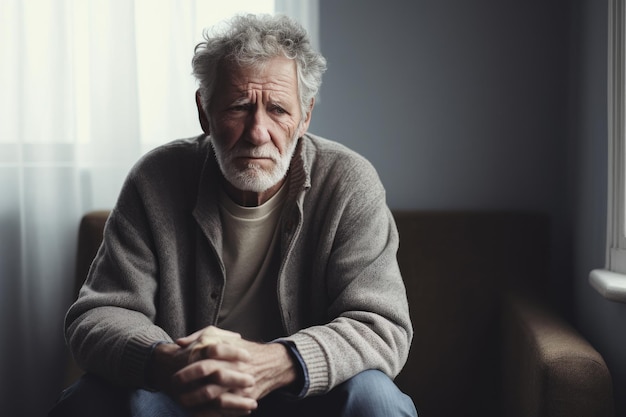 A depressed elderly man quarantined at home suffers from loneliness