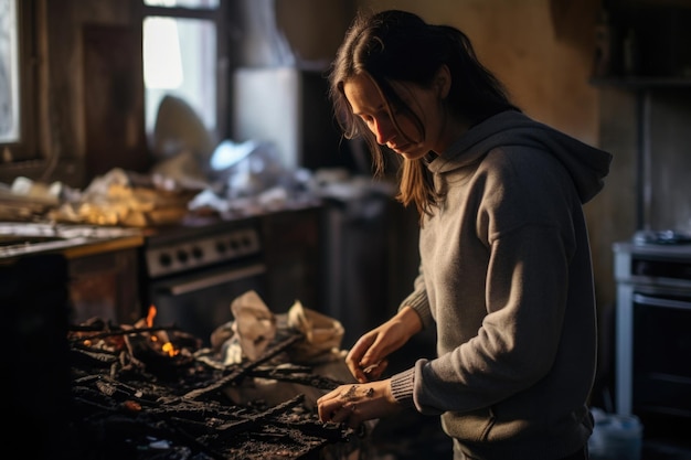 Photo depressed exhausted woman in messy kitchen routine and household chores