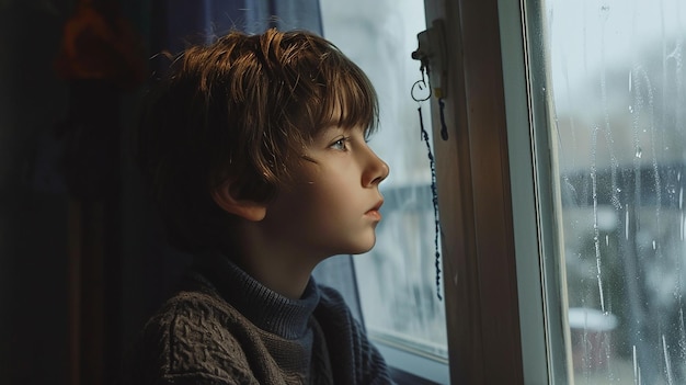 Депрессивный ребенок смотрит в окно в комнате