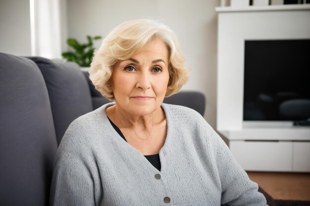 Depressed lonely fat woman in casual cloth sitting on couch at home