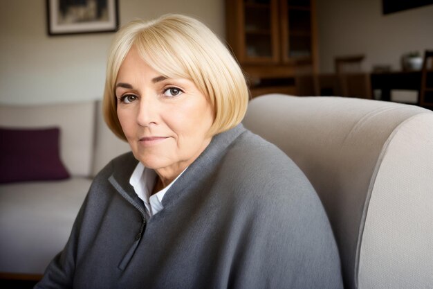 Depressed lonely fat woman in casual cloth sitting on couch at home