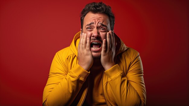 Depressed man in casual clothes crying on red background