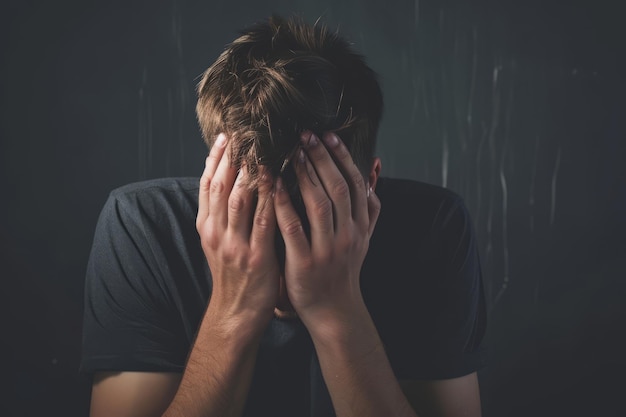 Depressed man covering his face with hands Dramatic concept Generative AI