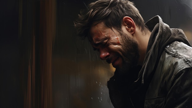 Photo depressed man crying side view