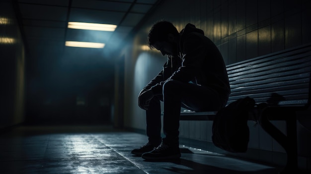 Depressed man in a dark corridor of a building