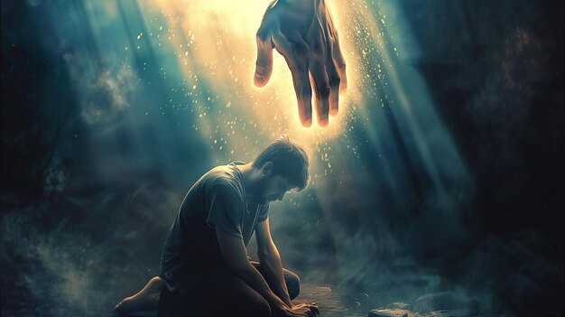 憂鬱な男が祈りにひざまずいて天から神の手が来て彼を助けます - ガジェット通信 GetNews